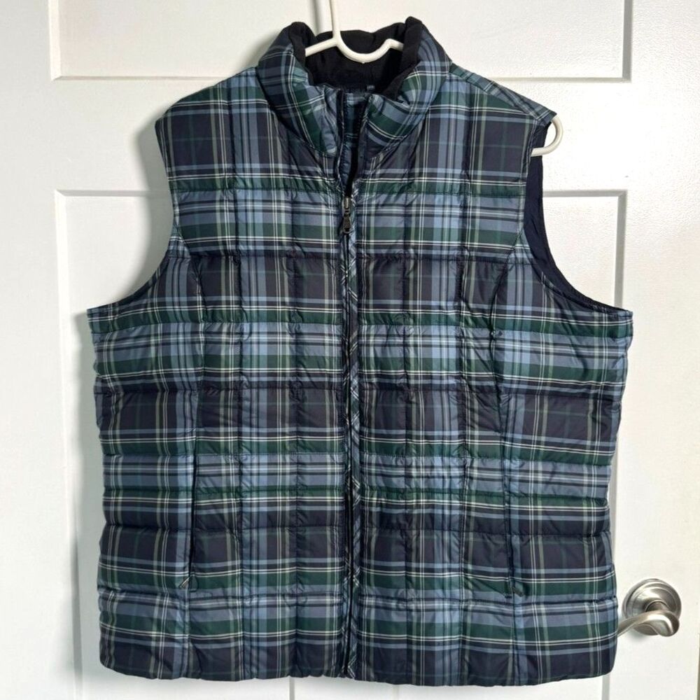 Eddie Bauer Women's XL Premium Goose Down Puffer Vest Blue Green Plaid Full Zip